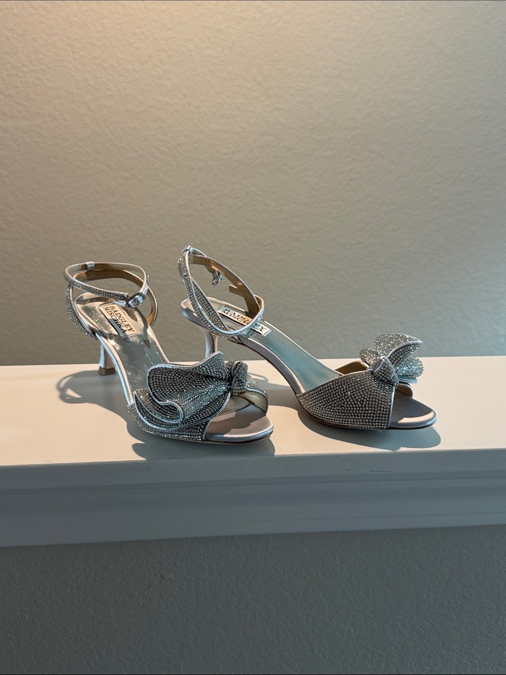 Badgley Mischka Silver Crystal Bow Slingback Heels